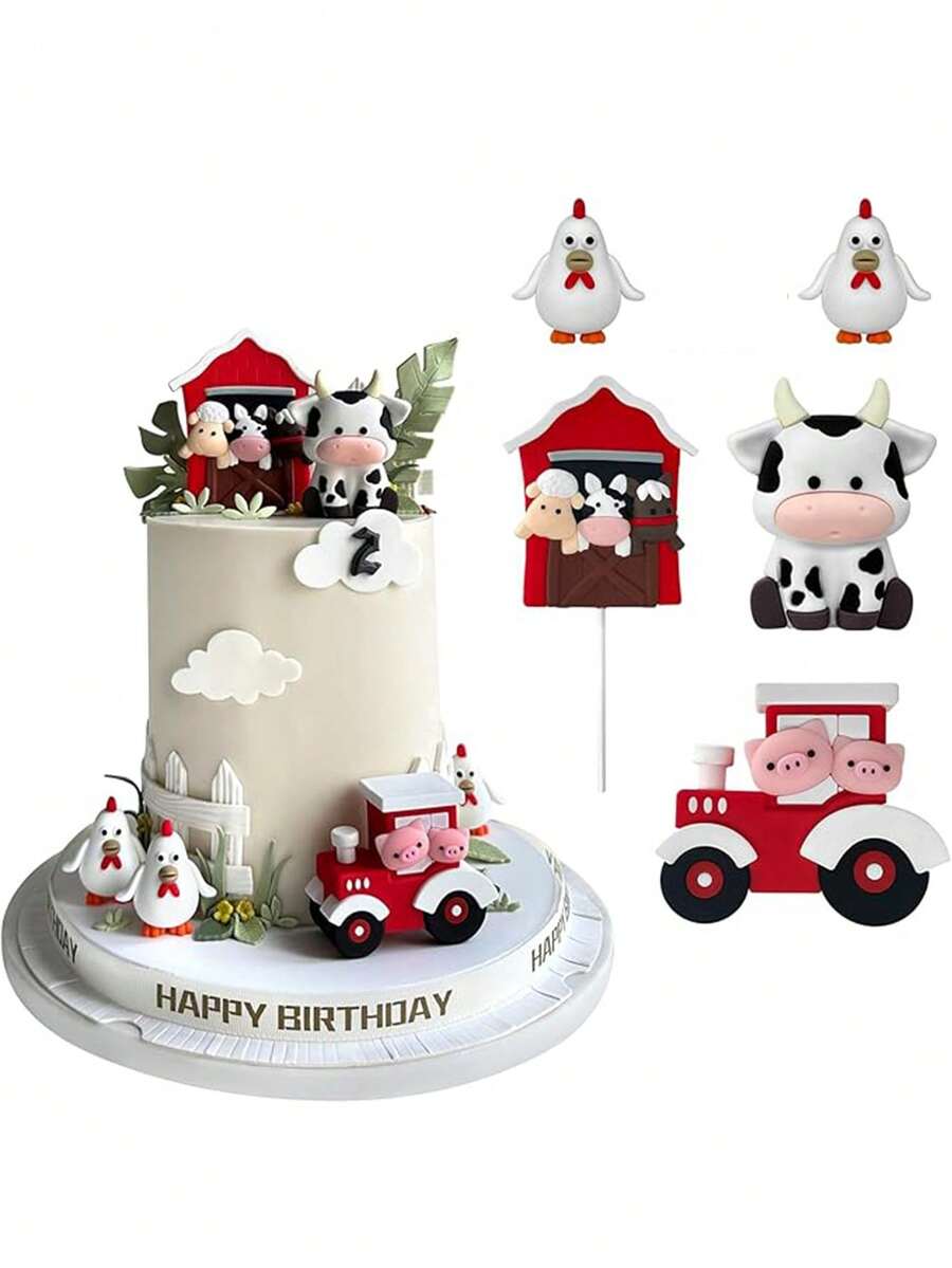 6 PCS Trang trí bánh trang trại, Đồ trang trí bánh động vật hoạt hình cho tiệc sinh nhật Trang trí tiệc tắm - Xem 1