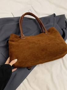 复古仿麂皮手提包，大容量休闲单肩手提包，适合日常使用和通勤的拼色挎包，优雅百搭的女士手提包，简约复古风格的女士包