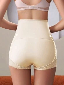 1pc Women Lace Shapewear Leggings, Seamless High Waist Tummy Control Pants, Sexy Floral Trim Slimming Underwear, Leggings