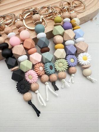 1pc Daisy Boho Style Silicone Wooden Bead Keychain Pendant Backpack Hanging Accessory, Keyring Anti-Lost, Teacher's/Mother's Day Gift School Car Accessories Cute Goth Y2k