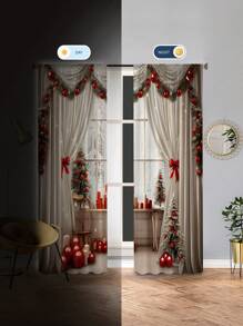 1 Set Christmas Decoration Star Christmas Ball Printed Curtain, Modern Minimalist Fashion Digital Printing Curtain Decor Semi-Blackout Rod Pocket Curtain, Suitable For Christmas, Daily Use, All Seasons (120g Fabric Weight) Home Decor Christmas Decorations Room Decor