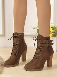Women Plain Chunky Heel Boots, Fashion Lace-Up Side Zip Ankle Boots, Autumn/Winter High Heel Short Boots, Walking Boots