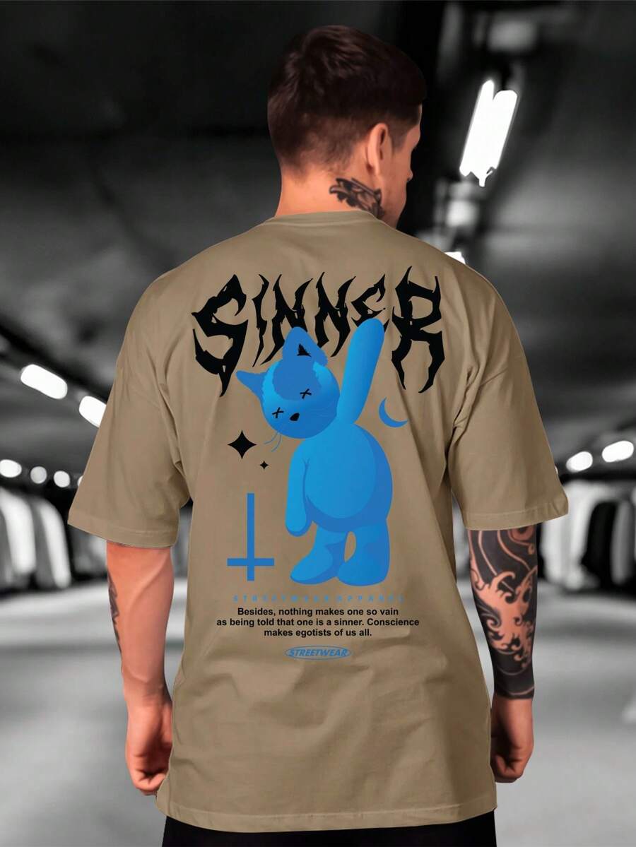 Sinner Rebel Cat Oversized Men's Streetwear T-Shirt 100% Cotton New Arrival - 卡其色 - 查看 1
