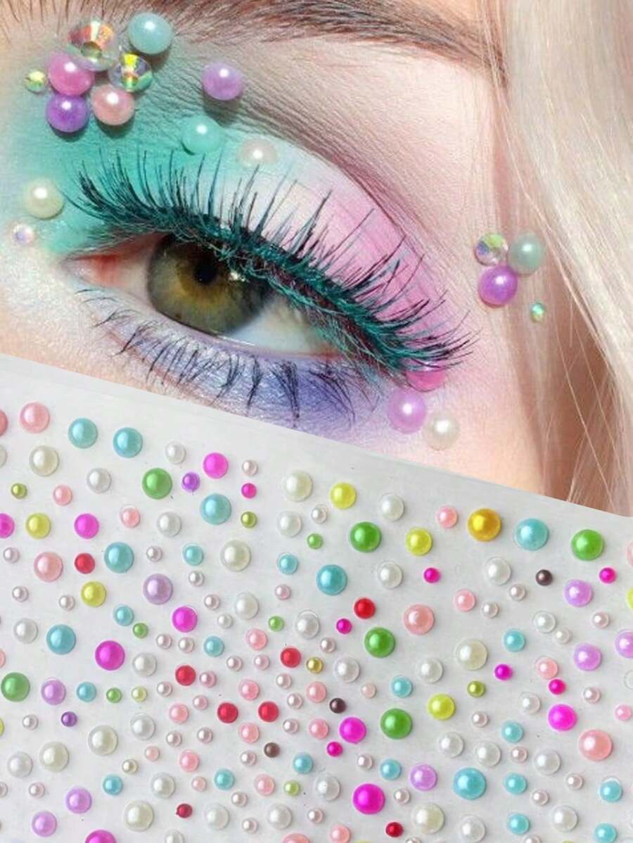 1 Coloful 3D Faux Pearl Face Jewels Eyeshadow Stickers Self Adhesive Face Body Eyebrow Rhinestone Nail Stickers Rhinestone Decoration,Concert Look,Face Gems - Multicolor - View 1