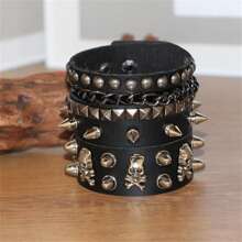 Yanxyad 3pcs/Set Rivet Punk Style PU Leather Bracelet Set, Suitable For Men, Everyday Or Festival Wear - Black - View 1