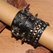 Yanxyad 3pcs/Set Rivet Punk Style PU Leather Bracelet Set, Suitable For Men, Everyday Or Festival Wear - Black - View 3