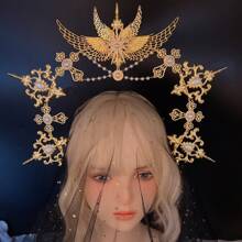 1pc Women's Golden Faux Pearl Chain Metal Lolita Angel Halo Sun Crown Headband, Suitable For Daily Wear, Cosplay, Photography Props Halloween