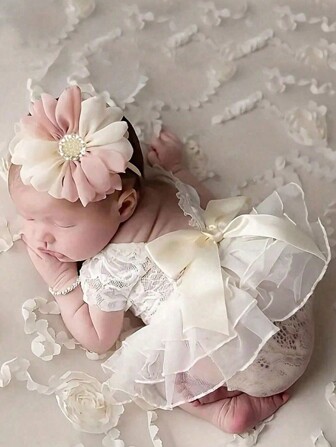 2 件套新生儿摄影服装，带头带的蕾丝连衣裙套装，适用于婴儿摄影婴儿洗礼家庭装饰礼物婴儿洗礼复活节礼物，适合女孩/男孩