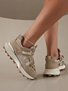 2024 New Women's Chunky Platform Sneakers, Khaki Color, Mesh & Suede Patchwork, All Season Breathable, Height Increasing