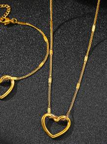 Set de 2 piezas de colgante en forma de corazón hueco de acero inoxidable + conjunto de joyas de pulsera, de moda y adecuado para uso diario, regalo