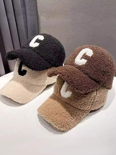 1pc Unisex Plain Letter C Embroidered Fleece Warm Baseball Cap, Fluffy Sherpa Snapback Hat For Students, Casual Street Style, Autumn/Winter, Couple/Outdoor Sports
