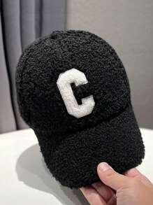 1pc Unisex Plain Letter C Embroidered Fleece Warm Baseball Cap, Fluffy Sherpa Snapback Hat For Students, Casual Street Style, Autumn/Winter, Couple/Outdoor Sports