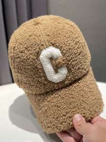 1pc Unisex Plain Letter C Embroidered Fleece Warm Baseball Cap, Fluffy Sherpa Snapback Hat For Students, Casual Street Style, Autumn/Winter, Couple/Outdoor Sports
