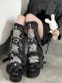 1 双女式破洞牛仔暖腿套，复古 Y2K 街头风破洞性感紧身裤脚，系带设计 - 黑色 - 查看 2