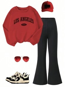 Tween Girl 2 Pieces Elegant Casual Letter Print Set, Fashionable Multifunctional Round Neck Long Sleeved Sweatshirt & Pants Set, Suitable For Spring And Autumn Seasons, Suitable As An Outdoor Gift For Daughters