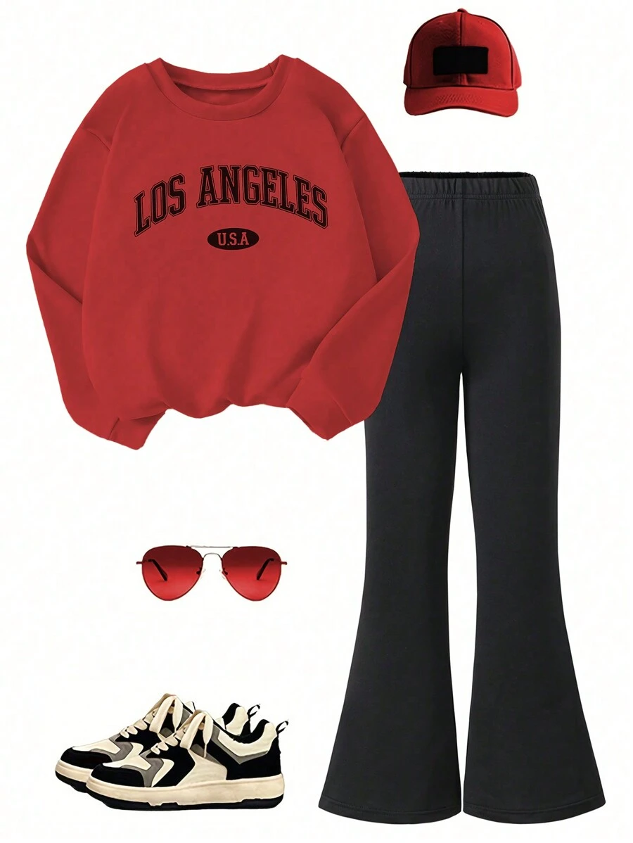 Tween Girl 2 Pieces Elegant Casual Letter Print Set, Fashionable Multifunctional Round Neck Long Sleeved Sweatshirt & Pants Set, Suitable For Spring And Autumn Seasons, Suitable As An Outdoor Gift For Daughters