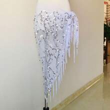 وشاح مثلث للنساء، تنورة رقص البطن المرصعة بالترتر مع سلسلة خصر وأغطية الورك طويلة بالشراريب - متعدد الألوان - مشاهدة 4