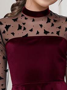 Tween Girl 蝴蝶网布 & 天鹅绒拼布派对连衣裙 - 酒紅色 - 查看 5