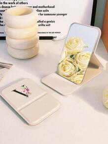 Espejo de maquillaje blanco mini plegable y portátil, espejo de maquillaje con soporte con patrón de flores rosas y letras negras A-Z, espejo de viaje, producto de belleza, espejo de maquillaje de sobremesa, espejo de maquillaje compacto rectangular plegable minimalista, espejo de maquillaje portátil de viaje para mujer - regalo del Día de la Madre - Blanco - Ver 6