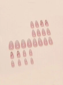 24 款长杏仁形按压指甲渐变桃花假指甲，搭配 1 瓶果冻胶和 1 把指甲锉，华丽的假指甲，适合购物、派对、生日等 - 彩色 - 查看 2