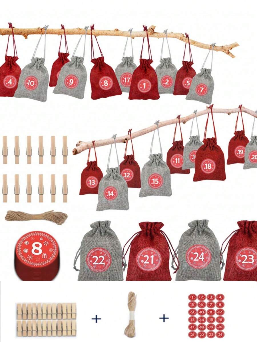 24 件 2025 新年降临节小袋子 DIY 圣诞降临节日历 DIY 24 降临节日历布袋、降临节日历袋、倒计时日历粗麻布袋，带抽绳，用于圣诞节装饰 - 彩色 - 查看 1