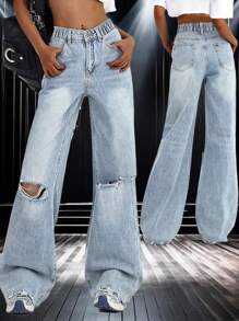 Teen Girl Loose Fit Distressed Wide Leg Jeans, Casual &