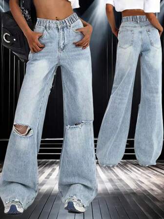 青少年女孩宽松破洞阔腿牛仔裤，休闲和