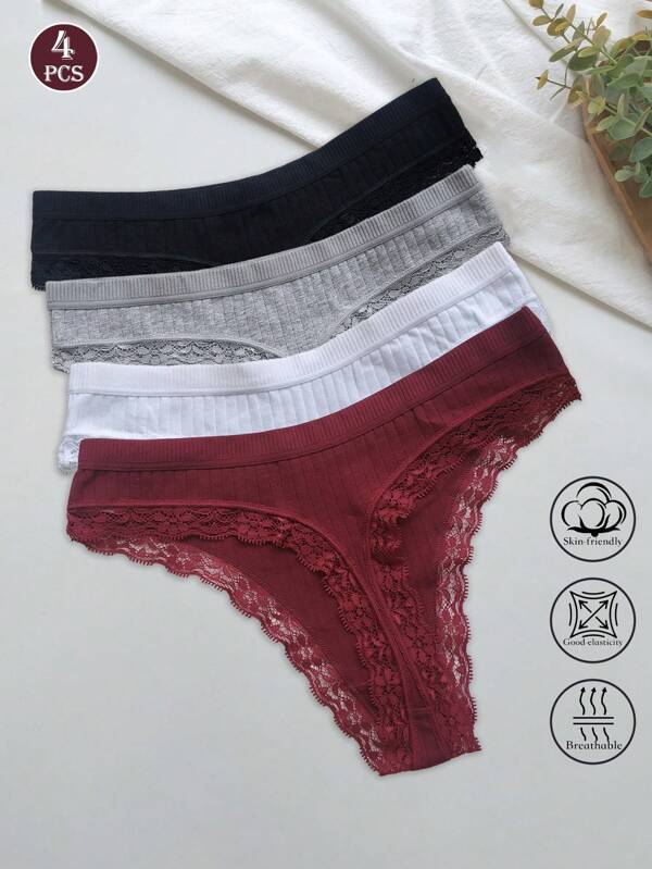 Set de 4 tangas de encaje para mujeres, calzoncillos minimalistas de unicolor con alto estiramiento, ropa interior sexy transpirable y suave a la piel