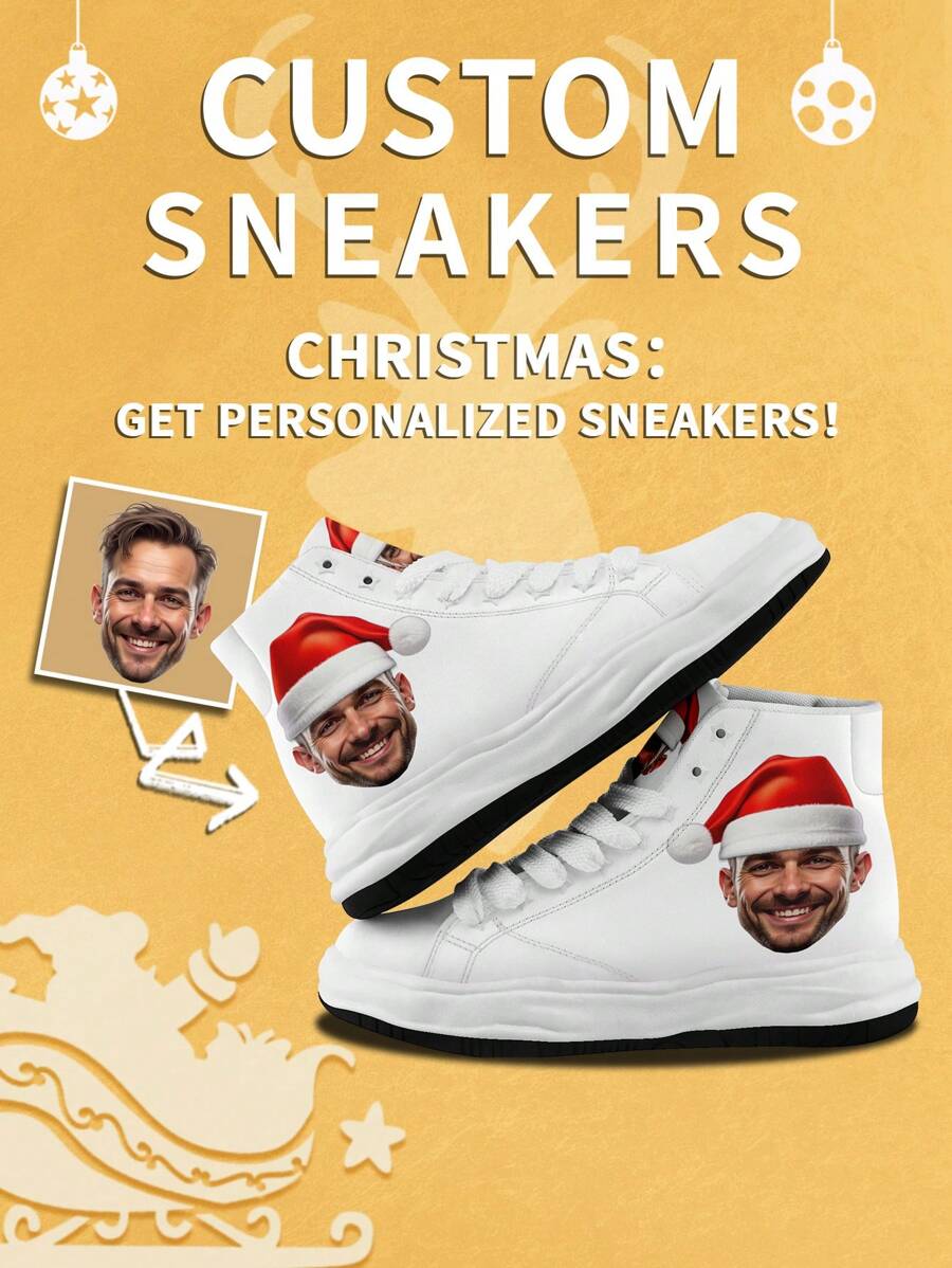 Customized Men's High-Top Skateboard Shoes, 3D Printed Christmas Gift, Photo Customized Sports Shoes, Cute Customized Outdoor High-Top Thick-Soled Canvas Shoes, Christmas Gift For Lover/Mother/Father/Fiancée/Family/Friends/Siblings - White - View 1