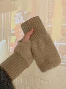 Winter Student Fingerless Gloves Fur Knit Writing Office Cycling Long Wrist Warm Gloves