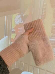 Winter Student Fingerless Gloves Fur Knit Writing Office Cycling Long Wrist Warm Gloves