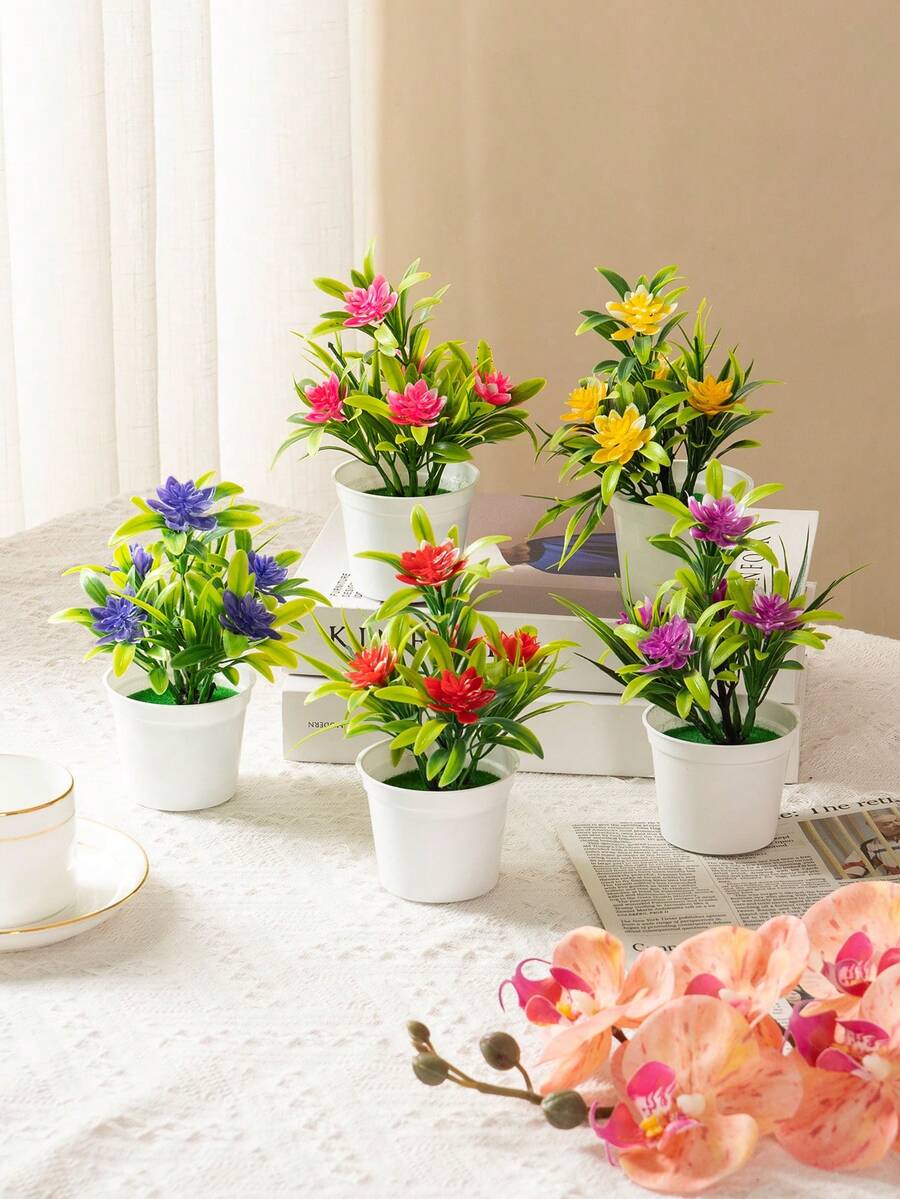 1 件人造迷你莲花盆，高 18 厘米/7.1 英寸，带 5 朵莲花，简约生活风格，塑料人造植物，绿色人造植物，秋季风格，抗氧化，不褪色 - 适用于 DIY 花墙、场景布置、卧室、花瓶插花、婚礼、派对、展览、酒店装饰、桌子、客厅、家居装饰、桌面装饰、桌面装饰、餐桌摆设、人造花、塑料花 - 彩色 - 查看 1