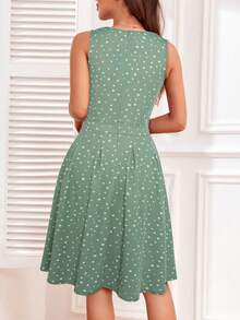 Váy cổ trái tim không tay dáng chữ A xòe họa tiết hoa cổ điển có túi - màu xanh lá - Xem 2