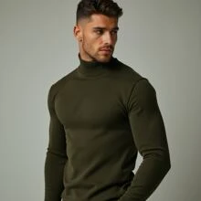 Cacharrel Men's Cold Weather Blouse Sweater Long Sleeve Ribbed T-Shirt High Neck Second Skin Slim - 軍綠色 - 查看 2