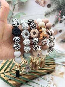 1 pieza Brazalete/Llavero/Colgante de bolso con estilo bohemio, con cuentas de silicona de vaca con estampado de vaca y borla, regalo para amigos, accesorios de coche, encanto de bolso, mochila para la escuela, gótico lindo Y2k