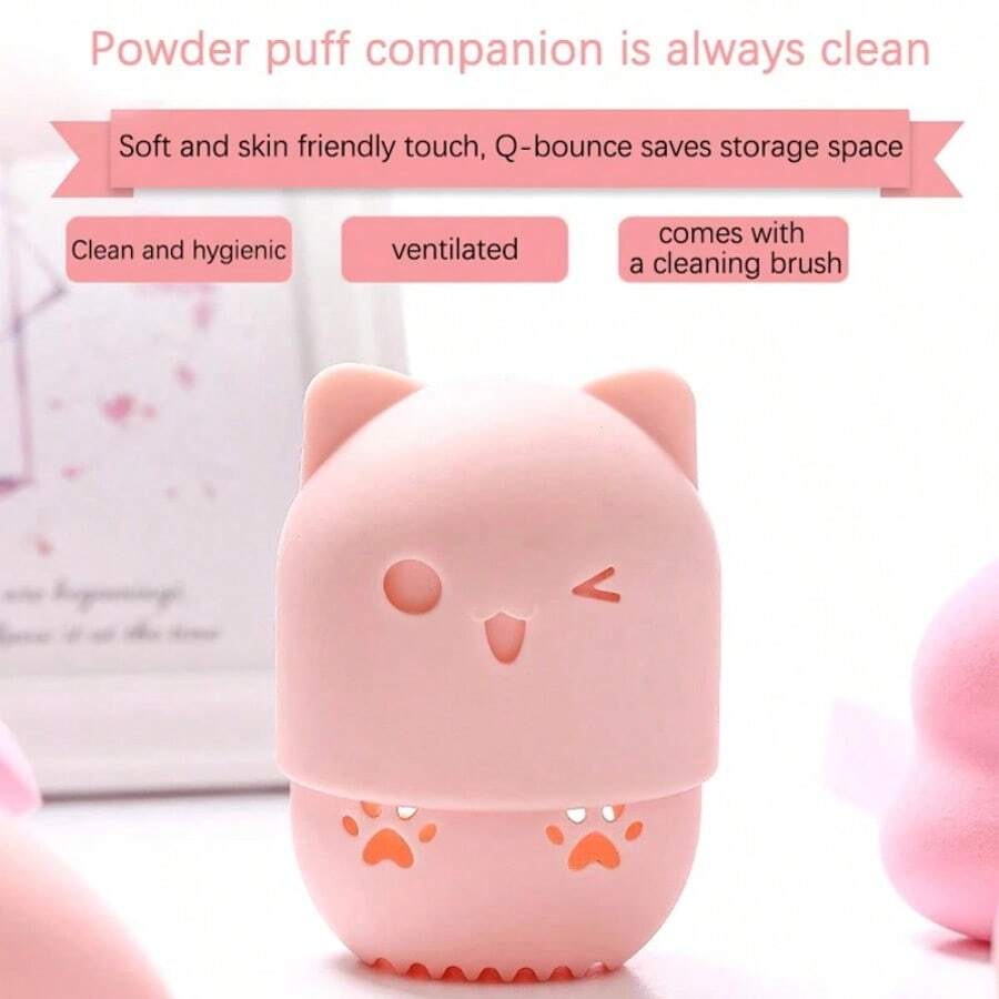 1pc Colorful Cat Portable Powder Puff Holder Sponge Make Up Drying