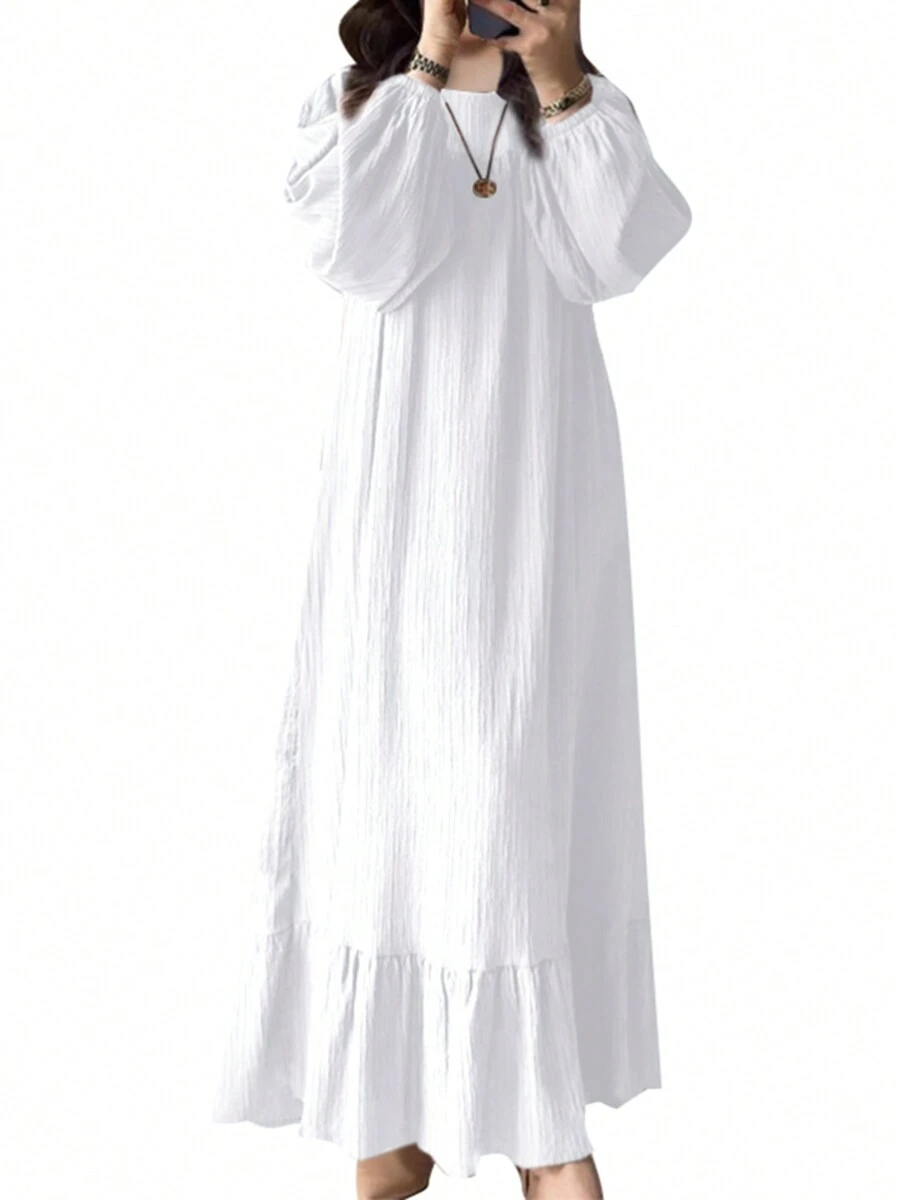 ZANZEA Women Round Neck Long Sleeve Ruffle Hem Belted Kaftan Party Casual Loose Long Dress - trắng - Xem 1