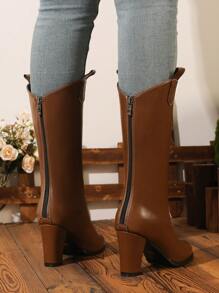 女士粗跟圆头牛仔靴，黑色中筒高筒，复古风格，秋冬 - 棕色 - 查看 5