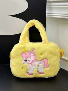 1pc Zipper Closure, Fashionable Children's Cartoon Unicorn Five-Pointed Star Handbag, Plush Square Shoulder Bag, Kindergarten Girl Crossbody Small Square Bag, Cute Girl Gradient Bag, Comfortable And Adjustable Shoulder Strap, Versatile And Suitable For And Playing, Daily School Use, Perfect Gift For Children