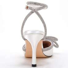 Women's Double Bow Pointed Toe Ankle Strap Crystal Pumps Wedding Bridal Party Stilettos Backless Satin Heeled Sandals Christmas Gift & New Year Gift - 乳白色 - 查看 6