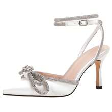 Women's Double Bow Pointed Toe Ankle Strap Crystal Pumps Wedding Bridal Party Stilettos Backless Satin Heeled Sandals Christmas Gift & New Year Gift - 乳白色 - 查看 1
