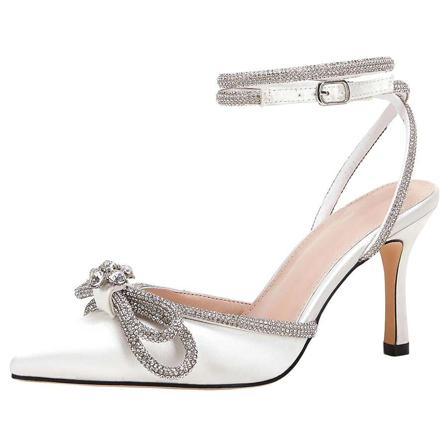 Women's Double Bow Pointed Toe Ankle Strap Crystal Pumps Wedding Bridal Party Stilettos Backless Satin Heeled Sandals Christmas Gift & New Year Gift - 乳白色 - 查看 1