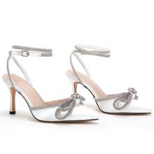 Women's Double Bow Pointed Toe Ankle Strap Crystal Pumps Wedding Bridal Party Stilettos Backless Satin Heeled Sandals Christmas Gift & New Year Gift - 乳白色 - 查看 4