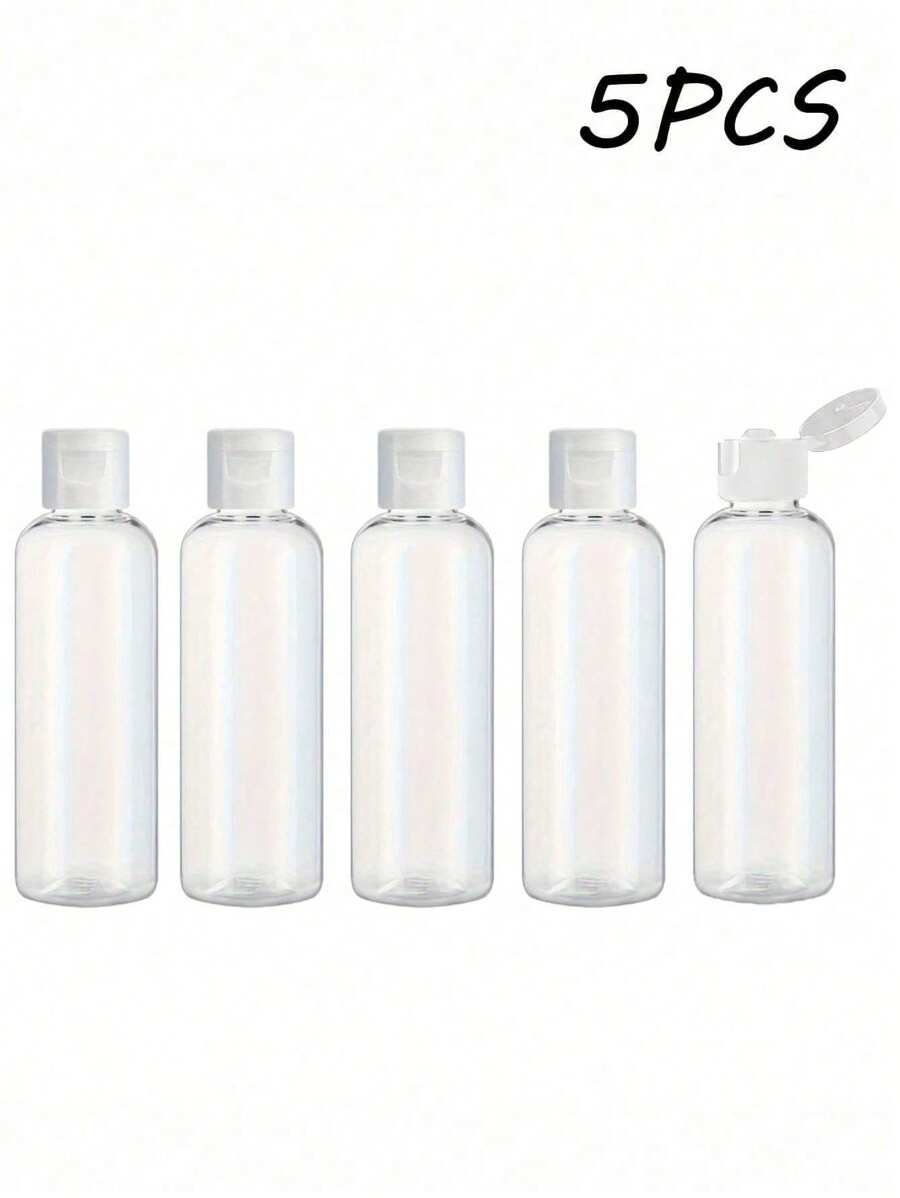 5入 3.4oz 透明圓形肩瓶 附翻蓋蝴蝶帽，旅行空瓶，化妝品樣品分裝容器，旅行瓶，旅行容器，黑色翻蓋小防漏擠壓瓶，適用於洗漱用品、洗髮精、乳液、護髮素、旅行裝化妝品，居家旅行，白色 100ml，便攜配件收納
