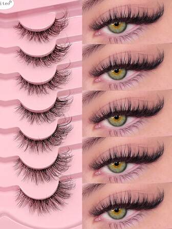  Asiteo 7 쌍 고양이 눈썹 속눈썹, 부드럽고 푹신한 3D 인조 밍크 속눈썹, 자연스러운 모습, 투명한 속눈썹 밴드 - 재사용 가능, 가볍고 편안함, 데일리 메이크업 및 특별한 날에 적합