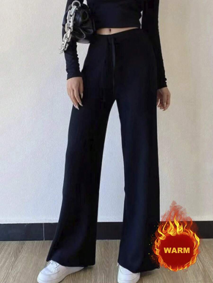 Pantalón De Suéter Con Cintura Ajustable Y Pierna Ancha En Color Sólido - Negro - Ver 1
