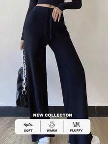 Pantalón De Suéter Con Cintura Ajustable Y Pierna Ancha En Color Sólido - Negro - Ver 2