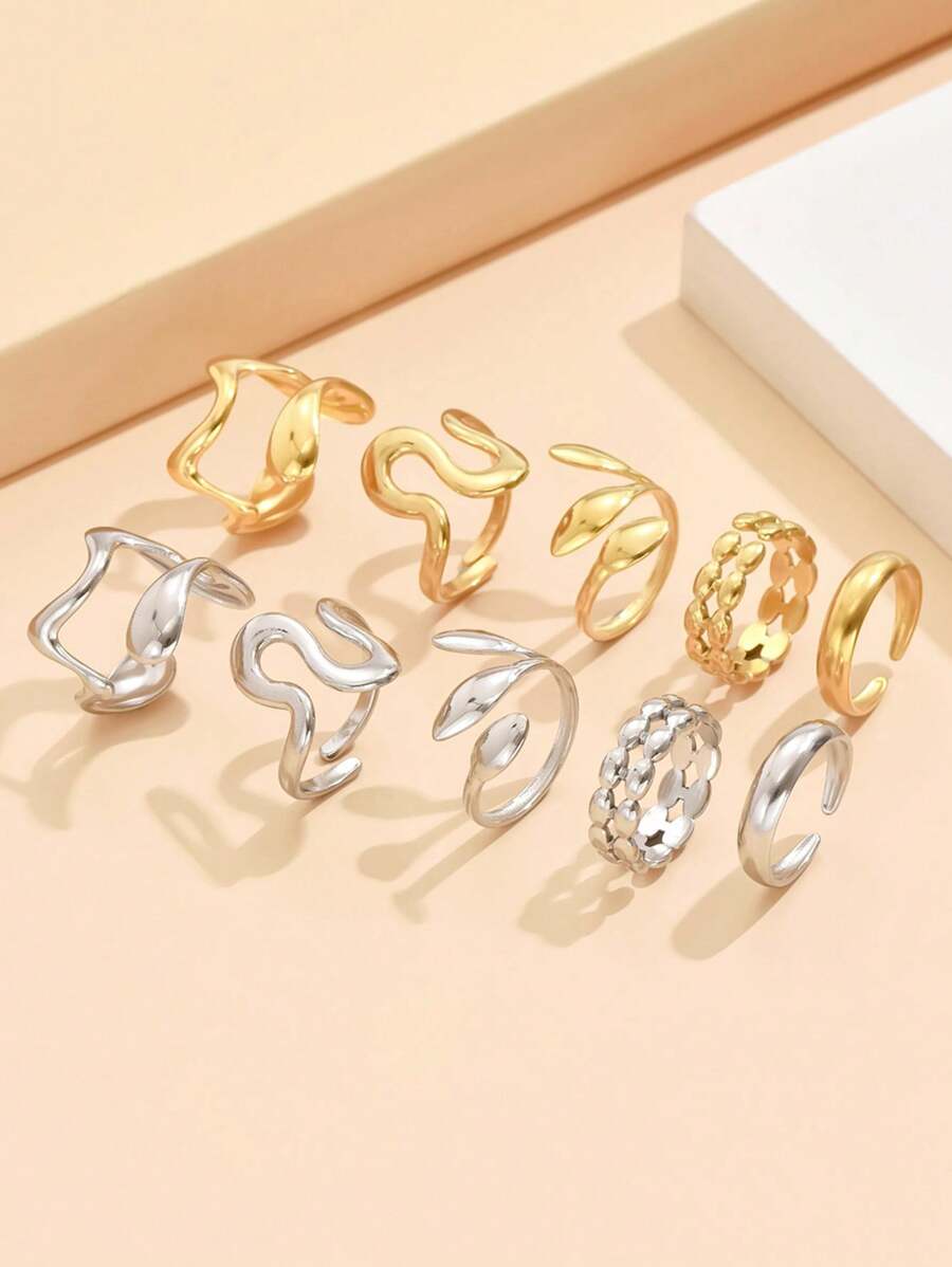 5pcs/Set Asymmetrical Line Design Open Rings, Casual Geometric Multi-Element Adjustable Stainless Steel Rings For Women, Party Wear - Ring Set - View 1