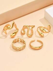 5pcs/Set Asymmetrical Line Design Open Rings, Casual Geometric Multi-Element Adjustable Stainless Steel Rings For Women, Party Wear - Ring Set - View 4