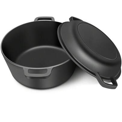 2-In-1 Pre-Seasoned Cast Iron Dutch Oven Pot With Skillet Lid Cooking Pan,5.5 QT Dual Handles Dutch Oven Pot With Lid,Heavy-Duty Non-Stick Round Dutch